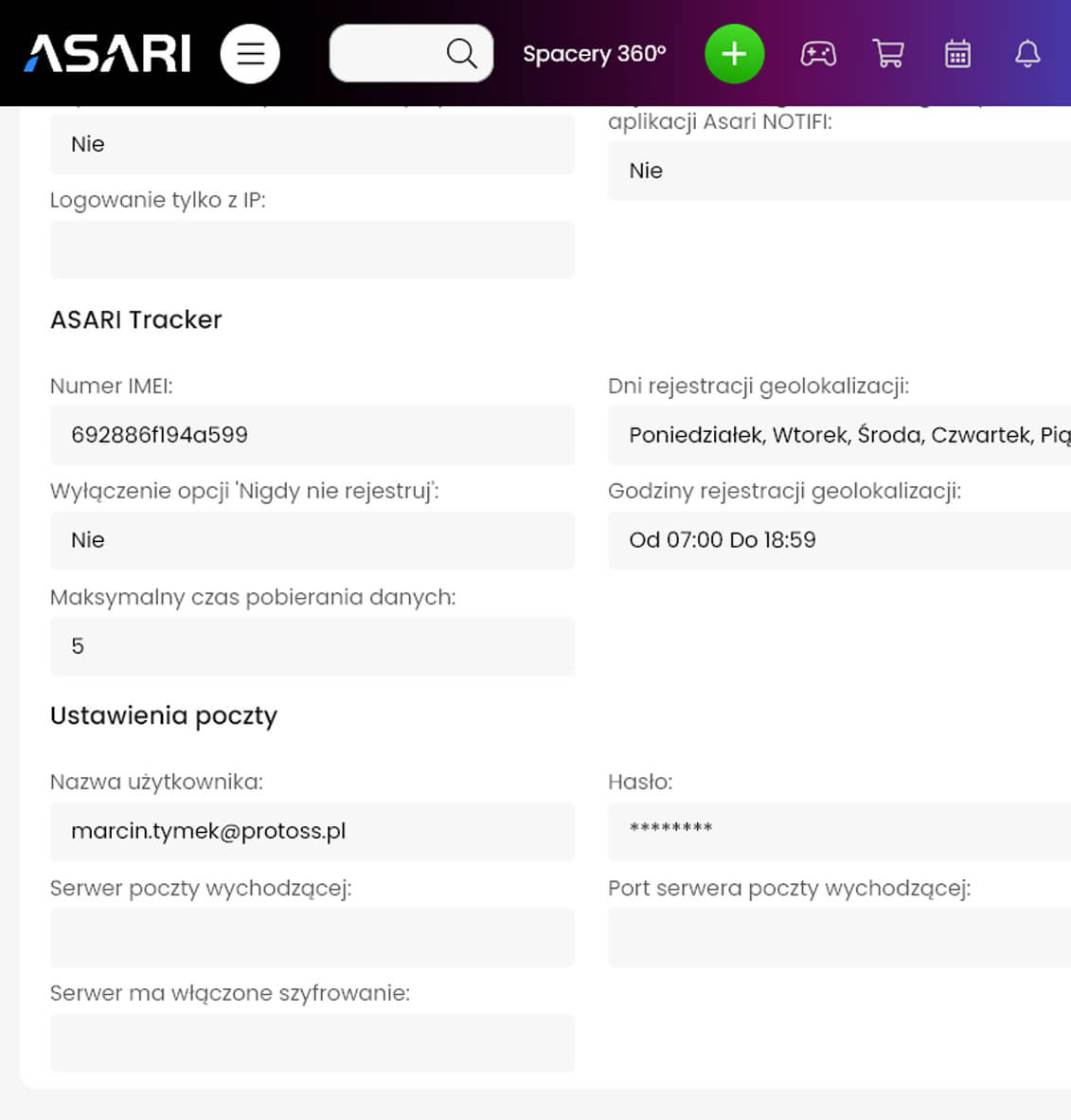 Ustawienia ASARI TRACKER w ASARI CRM