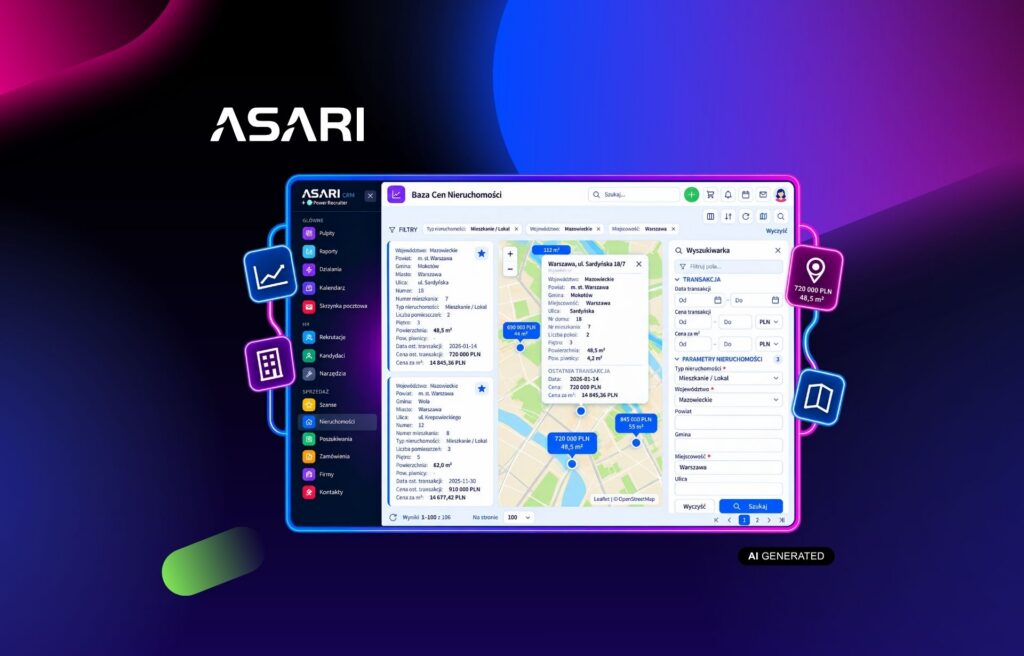 Interfejs Bazy Cen Nieruchomości w ASARI CRM z wyszukiwarką, filtrami i mapą transakcji