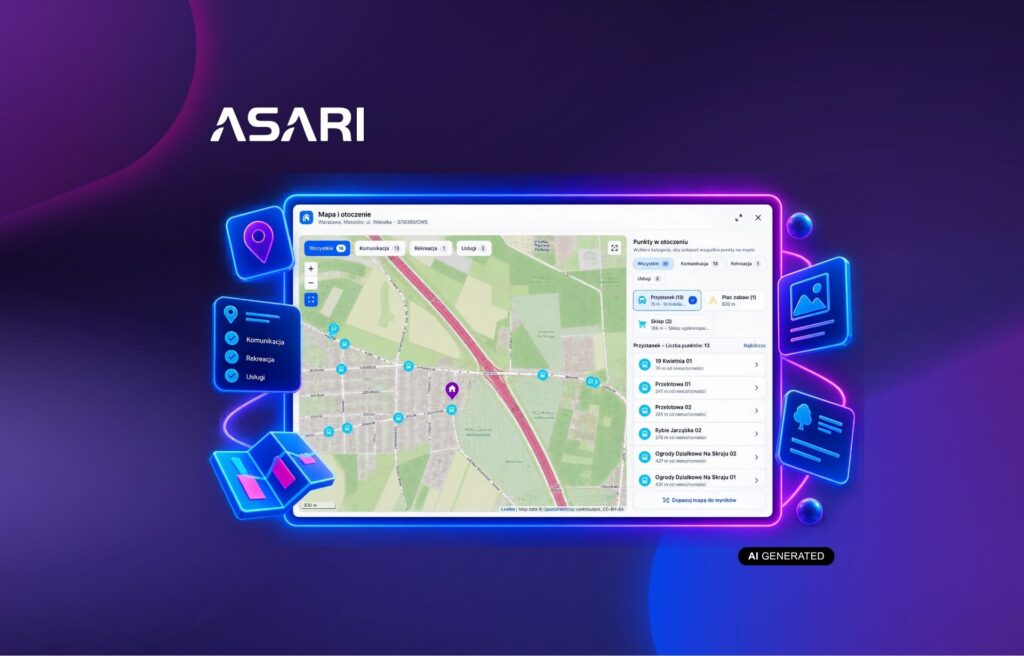 Mapa otoczenia nieruchomości w ASARI CRM z punktami POI i odległościami od oferty