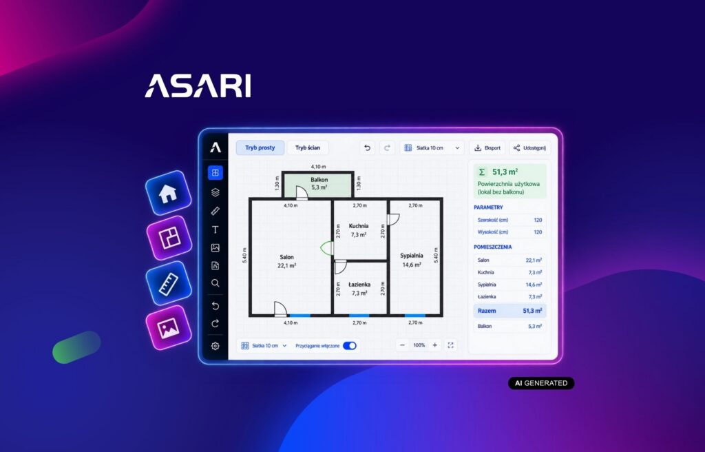 Space Plan Creator w ASARI CRM do tworzenia planu mieszkania i obliczania powierzchni pomieszczeń