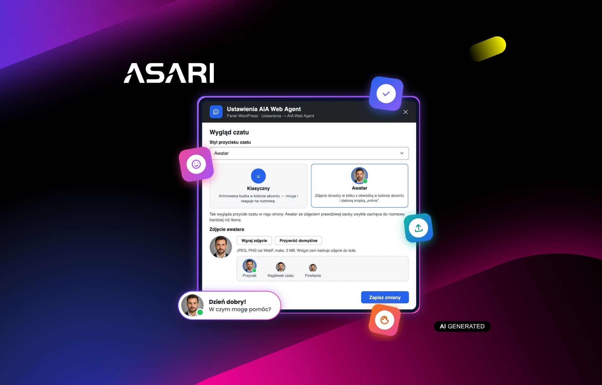 Panel ustawień sekcji Wygląd czatu w AIA Web Agent na stronie WWW ASARI
