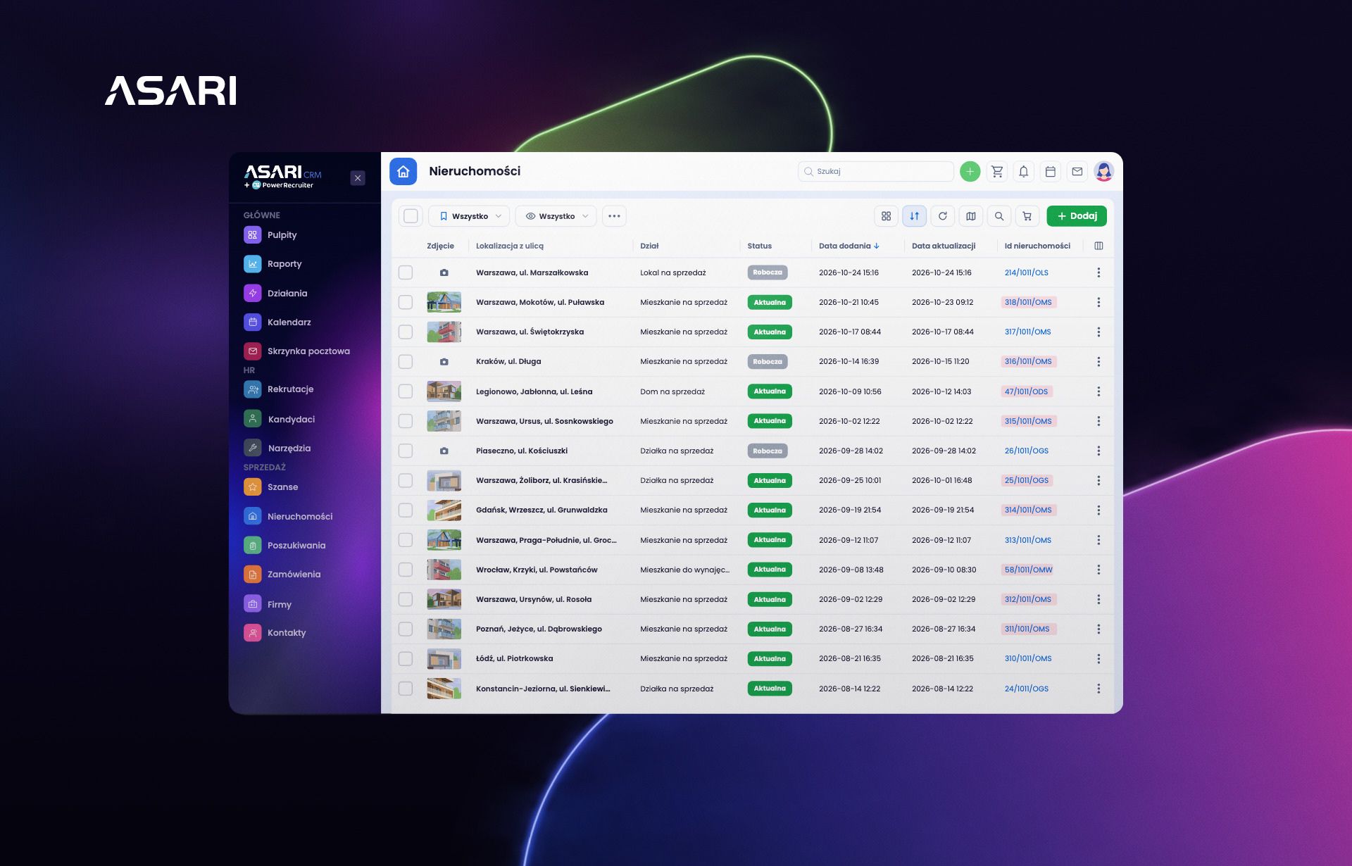 Widok Tabela w ASARI CRM – lista nieruchomości ze zdjęciami, lokalizacją, statusem i datami aktualizacji